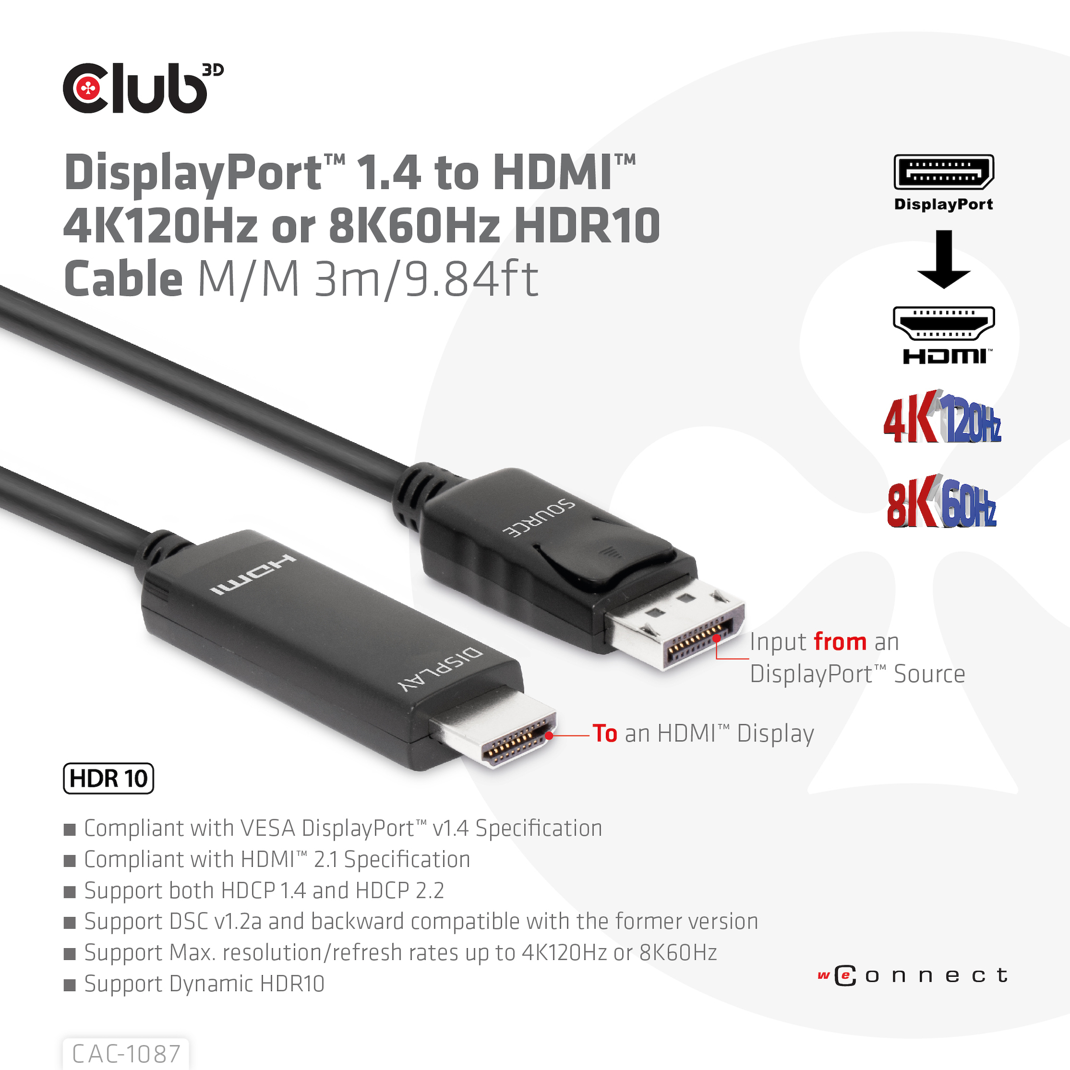 CLUB3D CAVO DISPLAYPORT 1.4 TO HDMI 4K144Hz or 8K60Hz HDR10 3M M/M - immagine 3