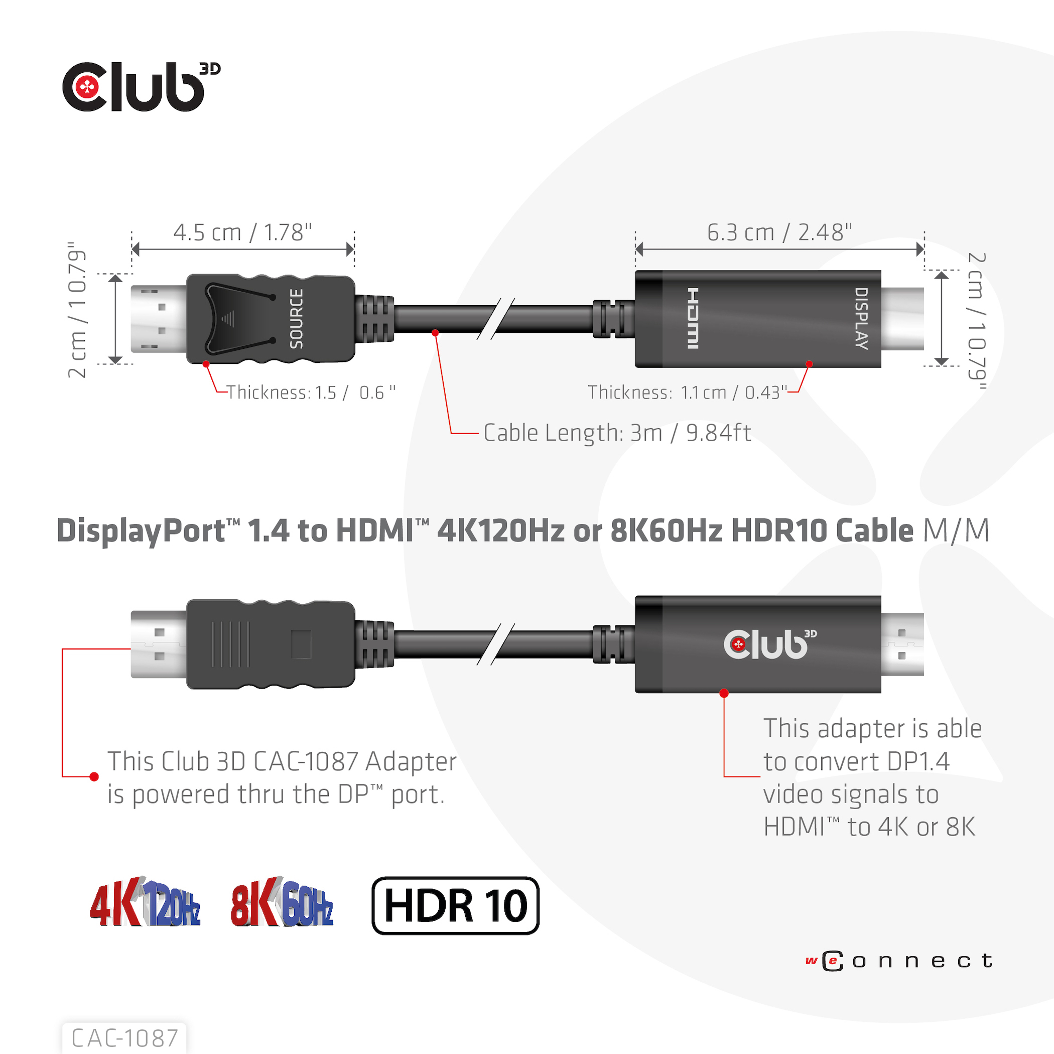 CLUB3D CAVO DISPLAYPORT 1.4 TO HDMI 4K144Hz or 8K60Hz HDR10 3M M/M - immagine 4