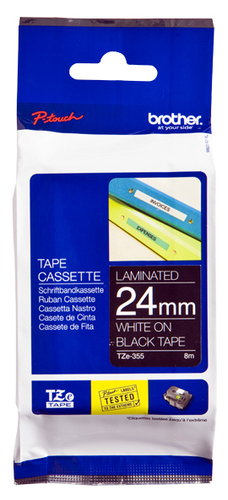 BROTHER NASTRO LAMINATO DA 24MM  LUNGHEZZA 8 METRI  COLORE BIANCO SU FONDO NERO